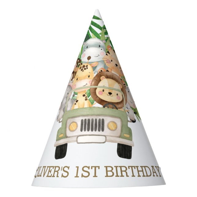 Greenery Jungle Animals Safari Car Birthday Cone Party Hat (Front)