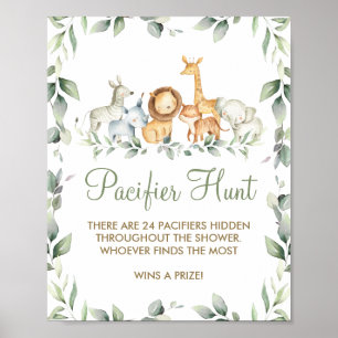 Greenery Jungle Animals Shower Pacifier Hunt Game Poster