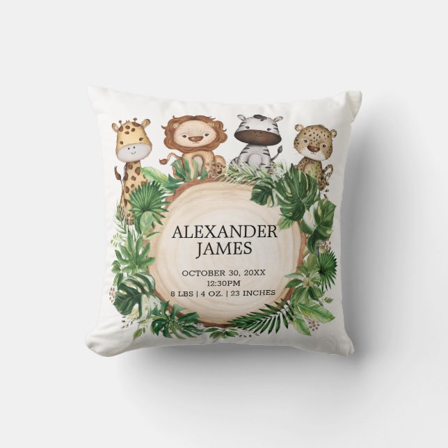 Greenery Jungle Safari Animal Birth Stats Nursery  Cushion (Front)