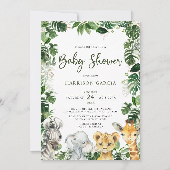 Greenery Jungle Safari Animals Baby Shower Invitation (Front)