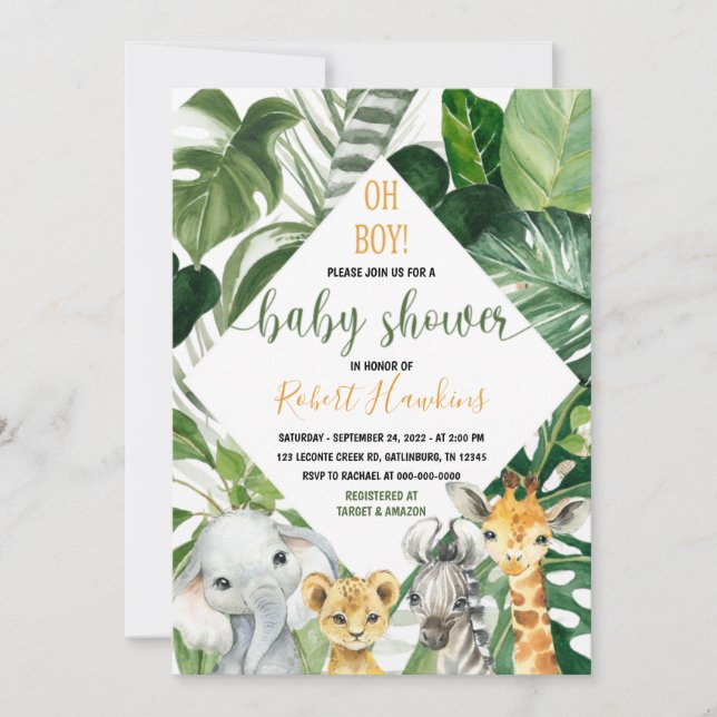 Greenery Jungle safari Baby Shower Invitation Boy (Front)