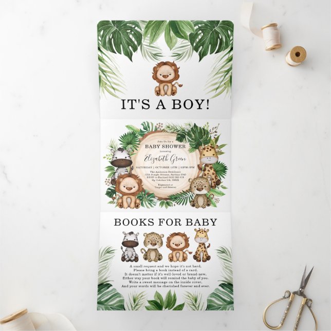 Greenery Jungle Safari Wild Animal Boy Baby Shower Tri-Fold Announcement (Inside)