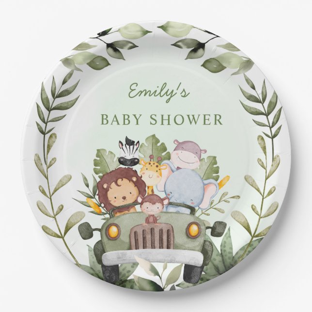 Greenery jungle Safari Wild Animals Baby shower  Paper Plate (Front)