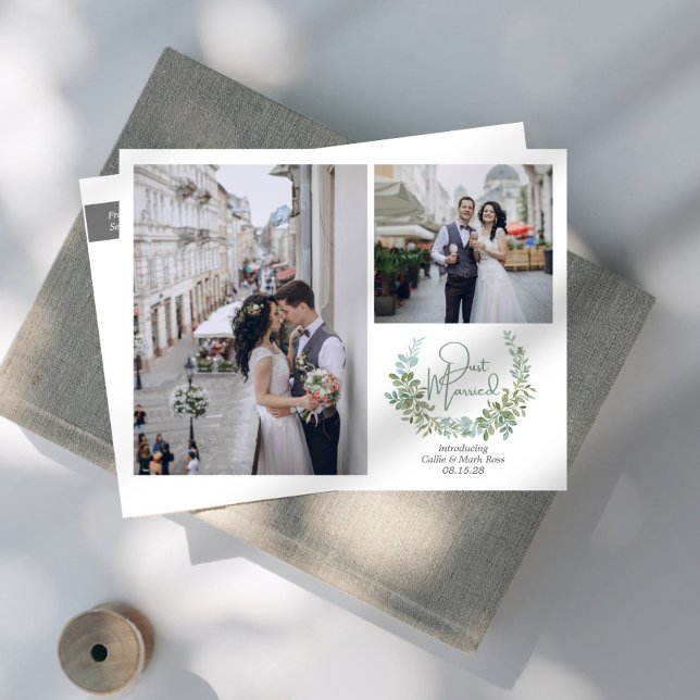 Greenery Just Married Wedding Photos Announcement Postcard (Creator Uploaded)