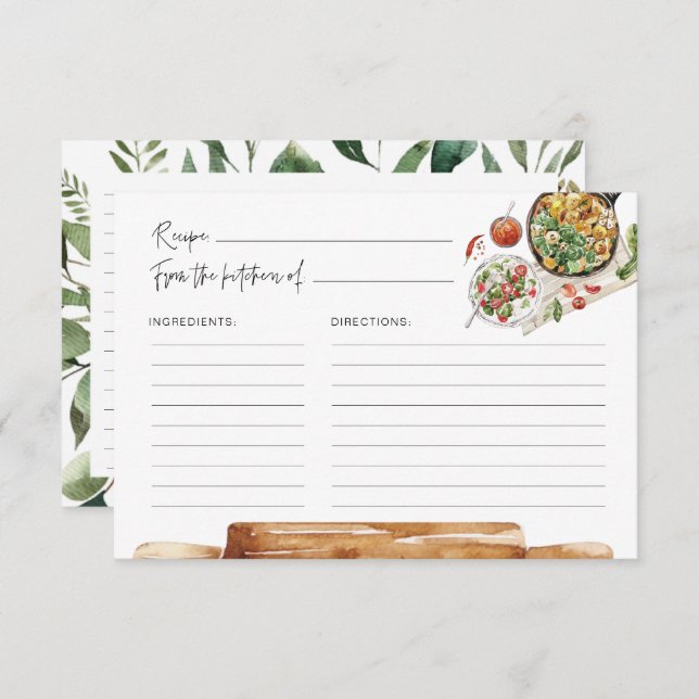 Greenery Kitchen Utensils Watercolor Recipe Card (Front/Back)