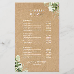 Greenery Kraft Salon Service Menu Price List