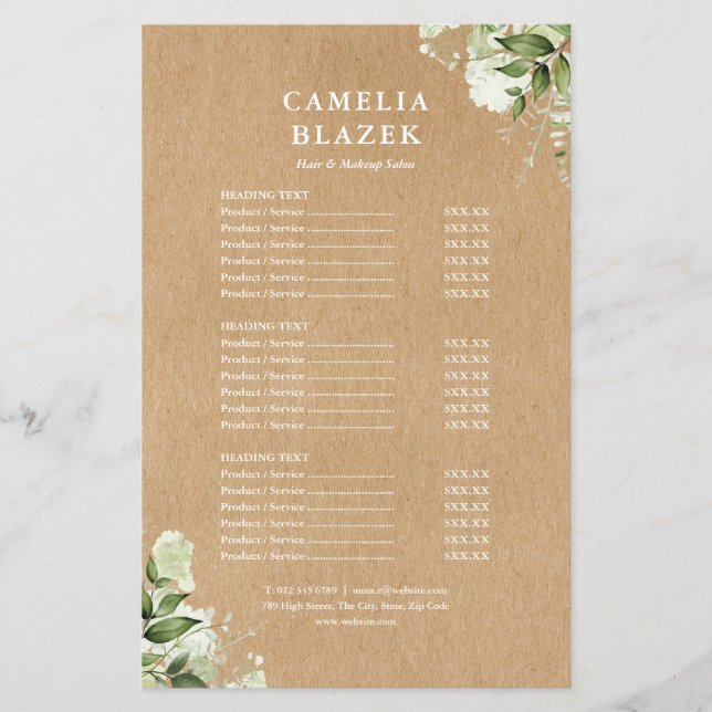 Greenery Kraft Salon Service Menu Price List (Front)