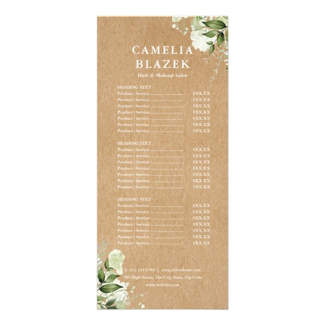 Greenery Kraft Salon Service Menu Price List (Front)
