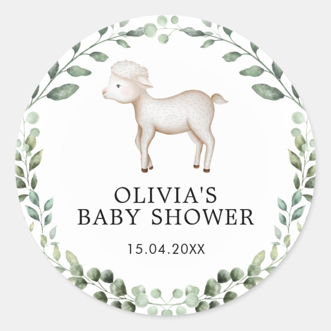 Greenery Lamb Baby Shower Spring Sheep Favours Classic Round Sticker (Front)