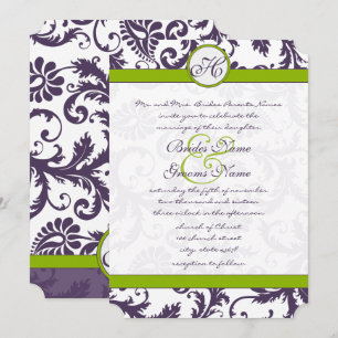 Greenery Lapis Purple Damask Wedding Invitation