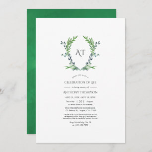 Greenery Laurel Crest Monogram Celebration of Life Invitation