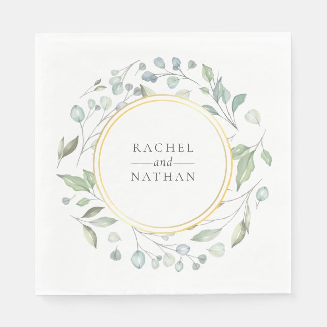 Greenery Laurel Garland Faux Gold Foil Wedding Napkin (Front)