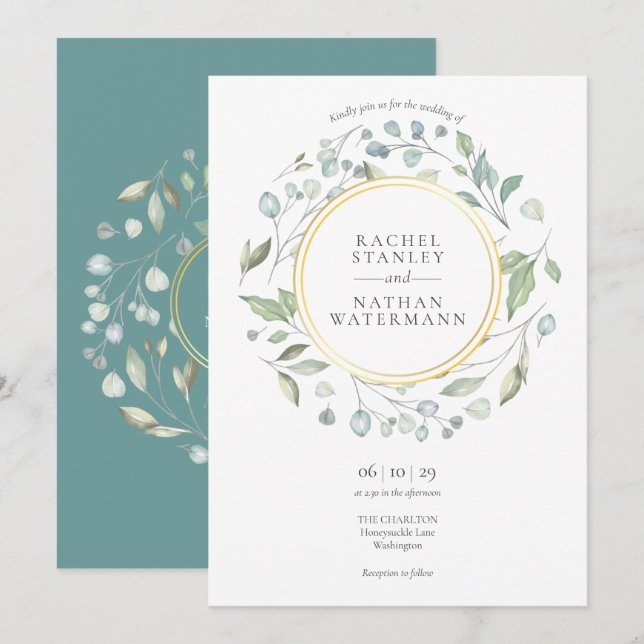 Greenery Laurel Garland Gold Geometric Wedding Invitation (Front/Back)