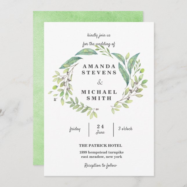 Greenery Laurel Olive Wreath Watercolor Wedding Invitation (Front/Back)