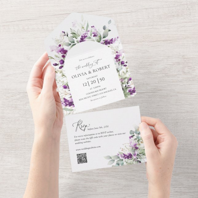 Greenery Lavender All in One Wedding Invitation (Tearaway)
