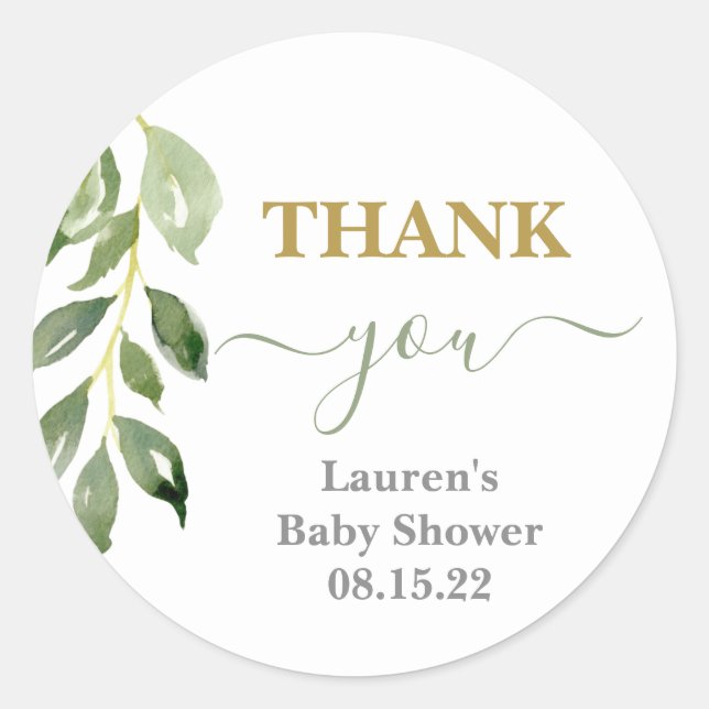 Greenery leaf Baby Shower Classic Round Sticker (Front)