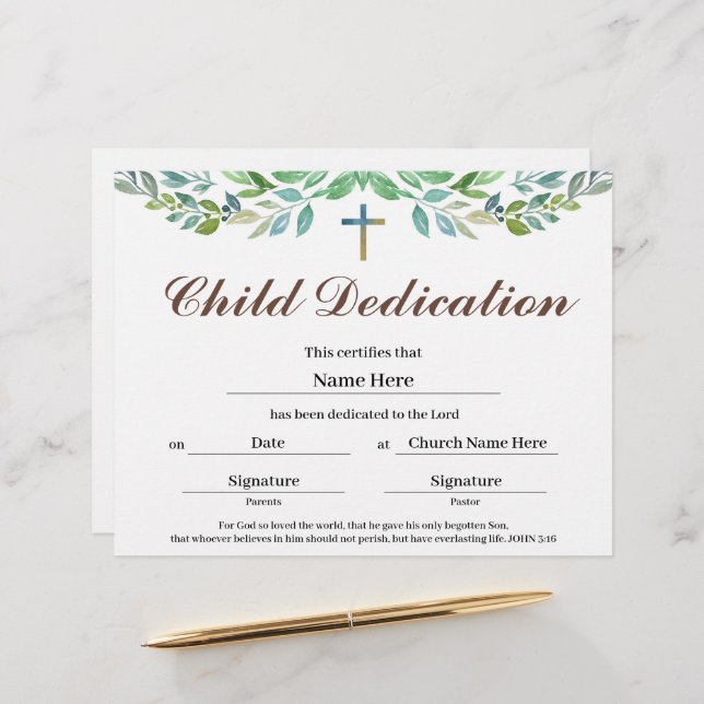 Greenery leaf Child Dedication Certificate  (Front/Back In Situ)