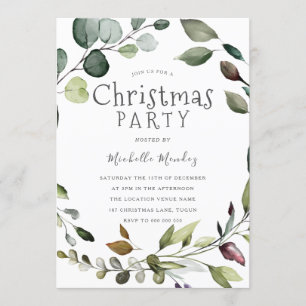 Greenery Leaf Wreath Watercolor Christmas Party Invitation