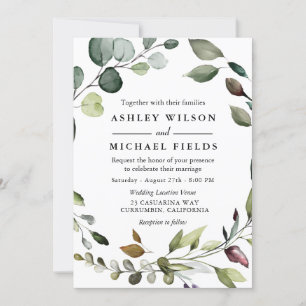Greenery Leaf Wreath Watercolor Modern Wedding Invitation