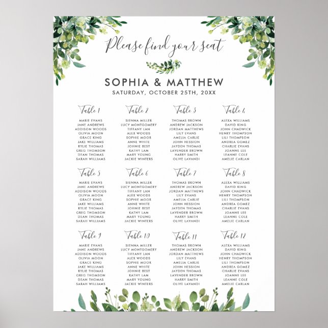 Greenery Leafy Botanical Wedding Seating Chart (Front)