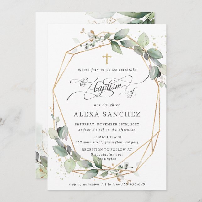 Greenery Leafy Foliage Baptism Geometric Invitation (Front/Back)
