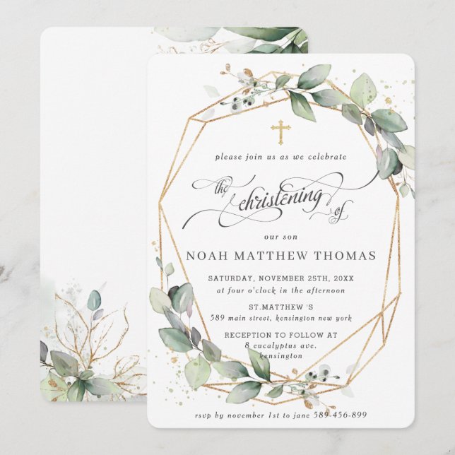 Greenery Leafy Foliage Christening Geometric Invitation (Front/Back)