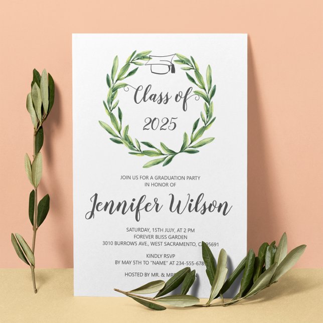 Greenery Leafy Wreath Grad Cap Graduation Invitation (Creator Uploaded)