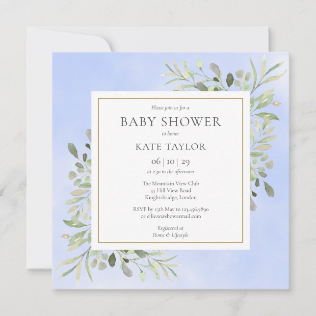Greenery Leaves Blue Baby Boy Shower | Sprinkle Invitation (Front)