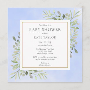 Greenery Leaves Blue Baby Boy Shower Sprinkle Invitation