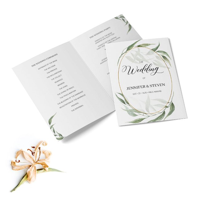 Greenery Leaves Calligraphy Wedding Folded Program Programme (Creator Uploaded)