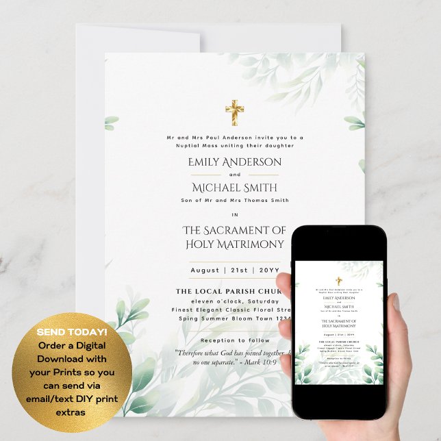 Greenery Leaves  Catholic Nuptial Mass Wedding Invitation (Creator Uploaded)