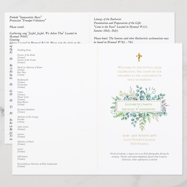 Greenery Leaves Catholic Wedding Nuptial Mass      (Front/Back)