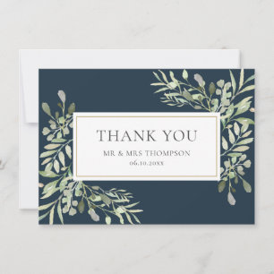 Greenery Leaves Deep Sea Blue Wedding Thank You