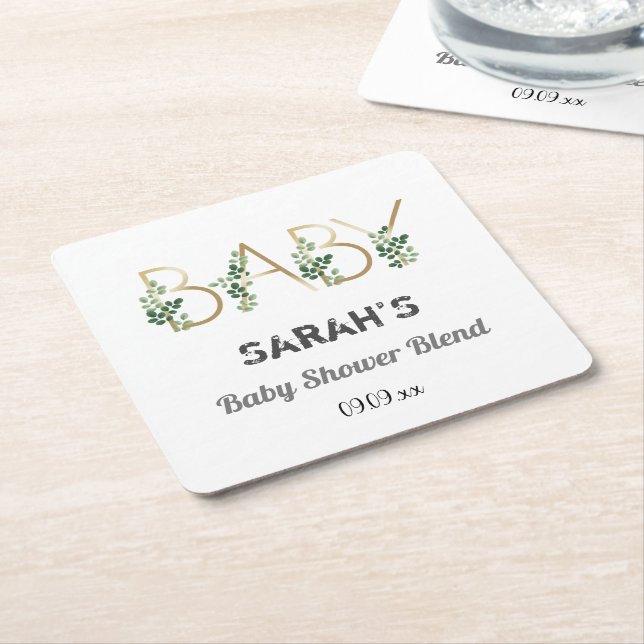 Greenery Leaves Elegant Baby Slogan Baby Shower Square Paper Coaster (Angled)