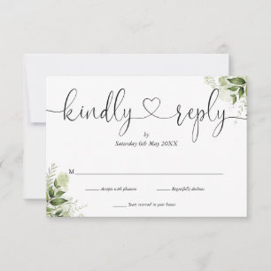 Greenery Leaves Elegant Script Heart Kindly Reply RSVP Card