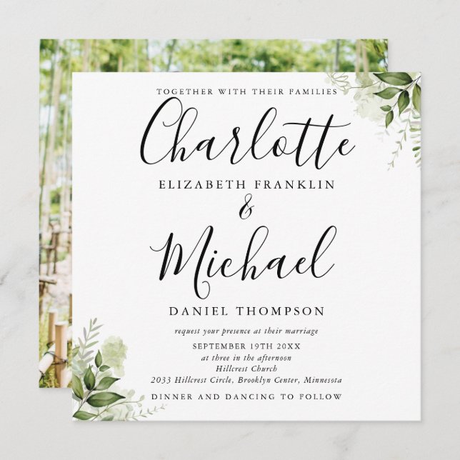 Greenery Leaves Elegant Script Photo Wedding  Invitation (Front/Back)