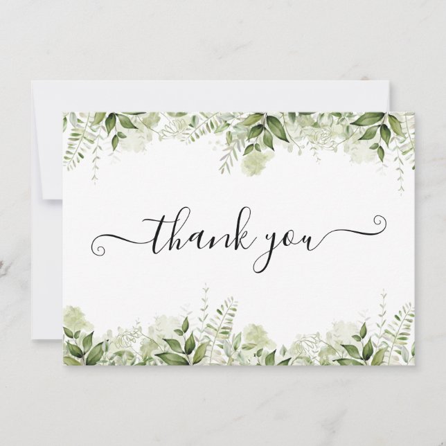Greenery Leaves Elegant Script Thank You Card (Front)