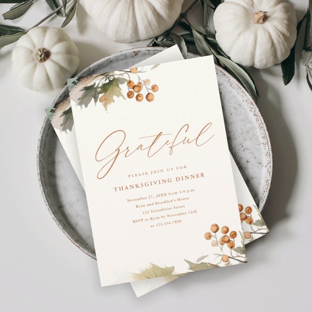 Greenery Leaves Foliage Rustic Thanksgiving Dinner Invitation (An elegant rustic thanksgiving dinner invitation with watercolor foliage and leaves.)