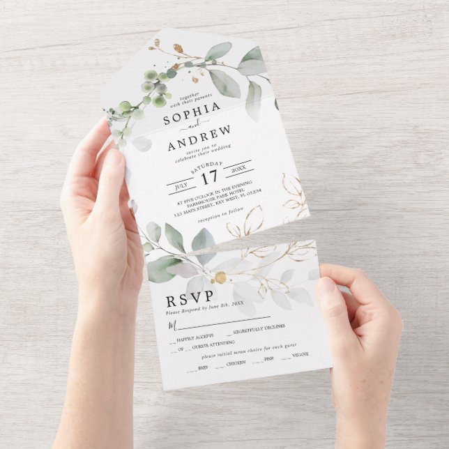Greenery Leaves & Gold All in One Wedding Invite (Tearaway)