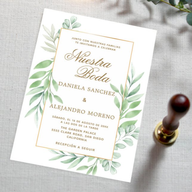Greenery Leaves Gold Nuestra Boda Spanish Wedding Invitation (Creator Uploaded)
