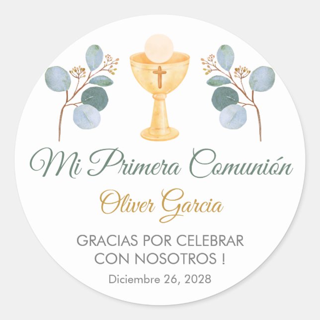 Greenery Leaves in Spanish First Communion Cute Classic Round Sticker (Front)
