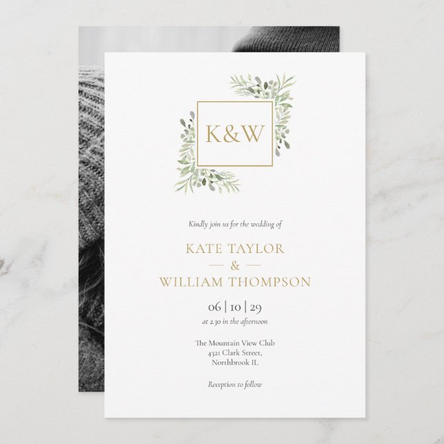 Greenery Leaves Monogram Photo Wedding Invitation (Front/Back)