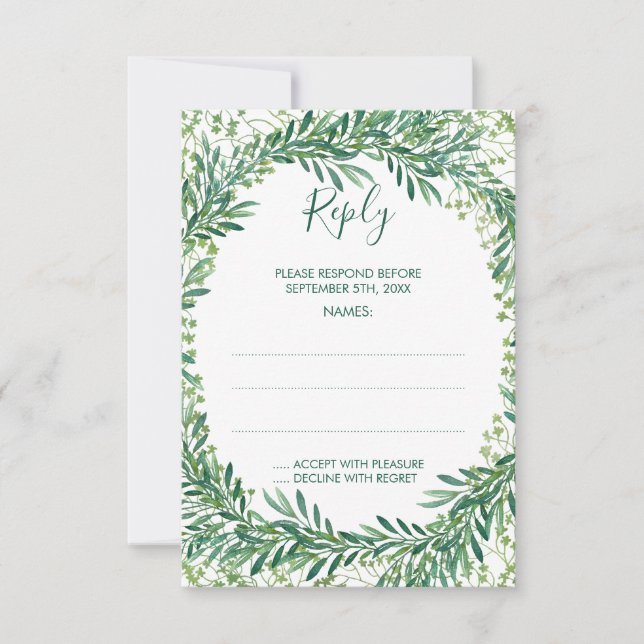 Greenery Leaves Monogram Reply Cards (Front)