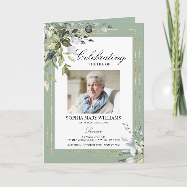 Greenery Leaves  & Photo Memorial Funeral Programs Card (Front)