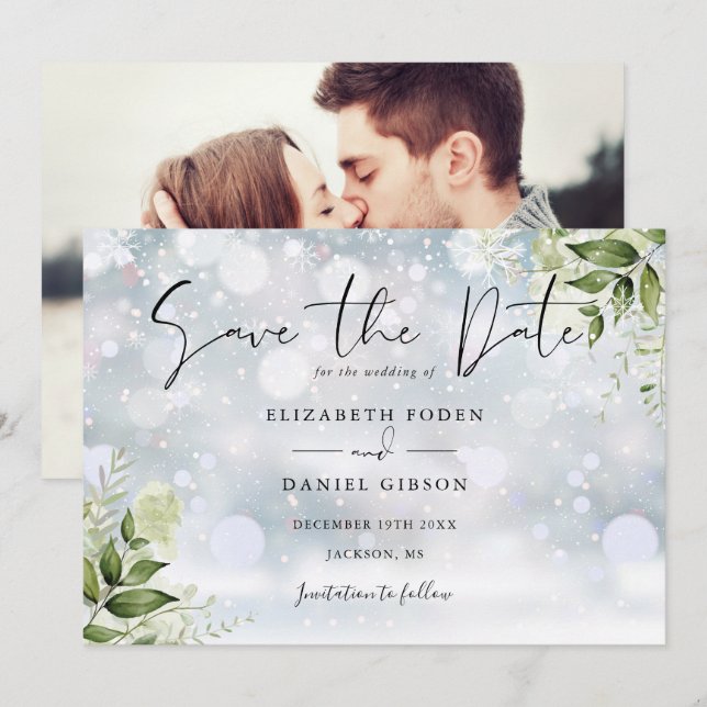 Greenery Leaves Photo Winter Wedding Save The Date (Front/Back)