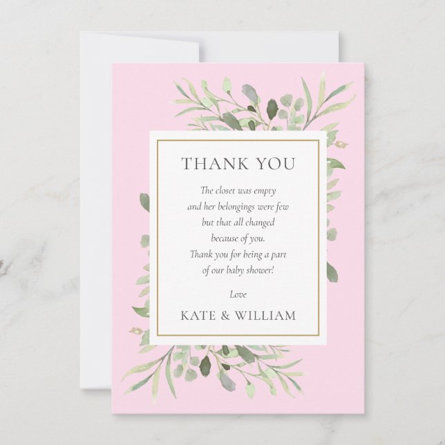 Greenery Leaves Pink Baby Girl Shower Poem Thank You Card (Front)