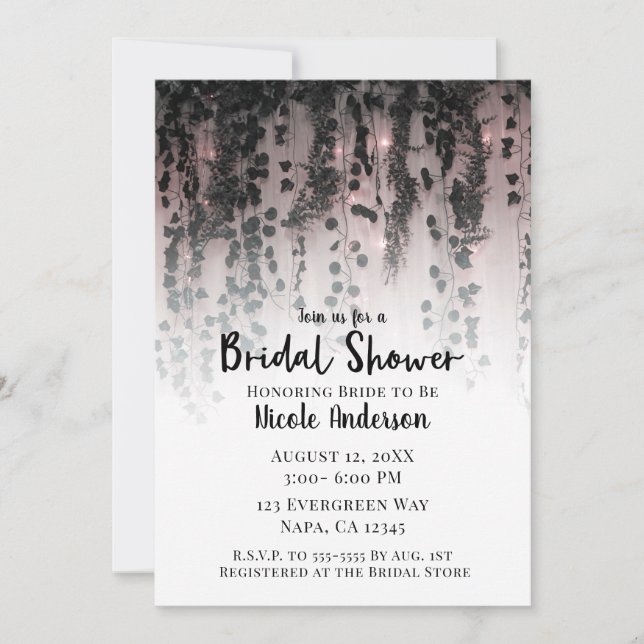 Greenery Leaves Pink Lights Rustic Bridal Shower Invitation (Front)