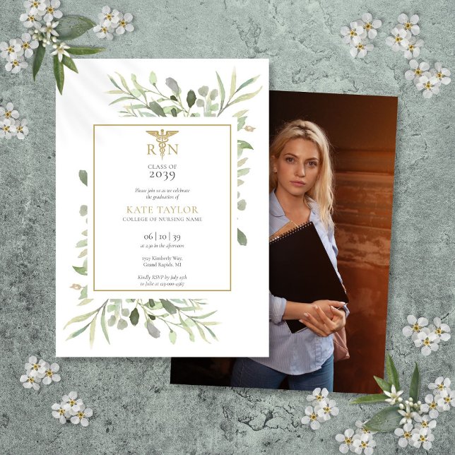 Greenery Leaves RN Nursing Graduation Photo Invitation (Greenery Leaves RN Nursing Graduation Photo Invitation)
