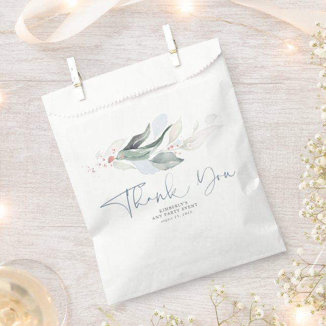 Greenery Leaves Rose Gold Dusty Blue Thank You Favour Bags (Clipped)