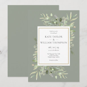 Greenery Leaves Sage Green Gold Wedding Invitation